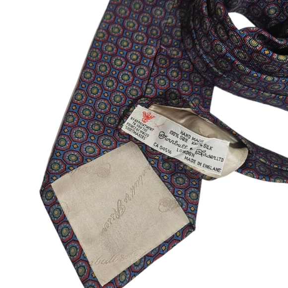 TURNBULL & ASSER Blue/Burgundy Geometric Silk LUXURY Tie HANDMADE ENGLAND - Picture 3 of 4